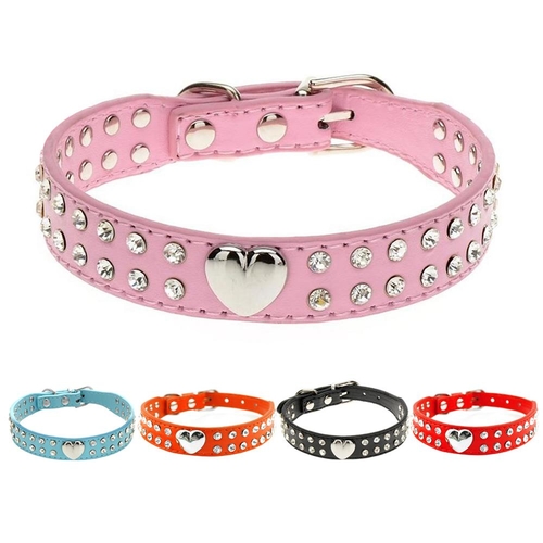 2 Rows Bling Rhinestone Puppy Dog Collar Pink