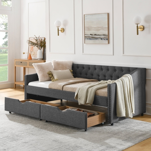 Twin Size Daybed with Drawers Upholstered Tufted Sofa Bed, with Button