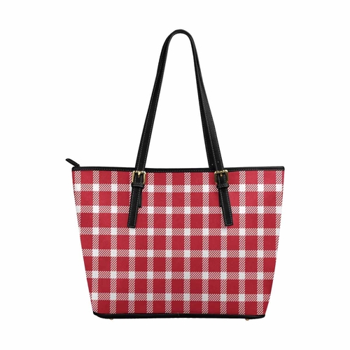 Large Leather Tote Shoulder Bag - Buffalo Plaid Red and White