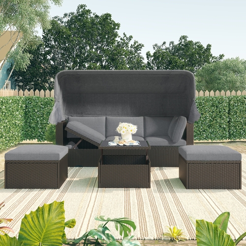 Outdoor Patio Rectangle Daybed with Retractable Canopy,  Wicker