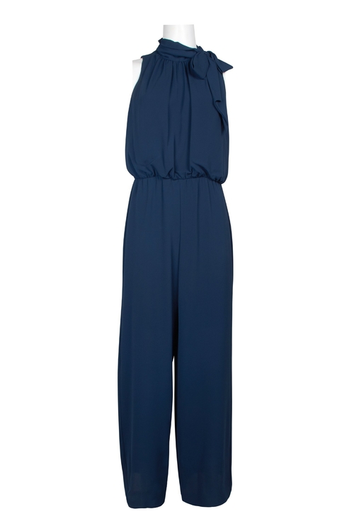 London Times Tie Neck Sleeveless Blouson Zipper Back Solid Crepe