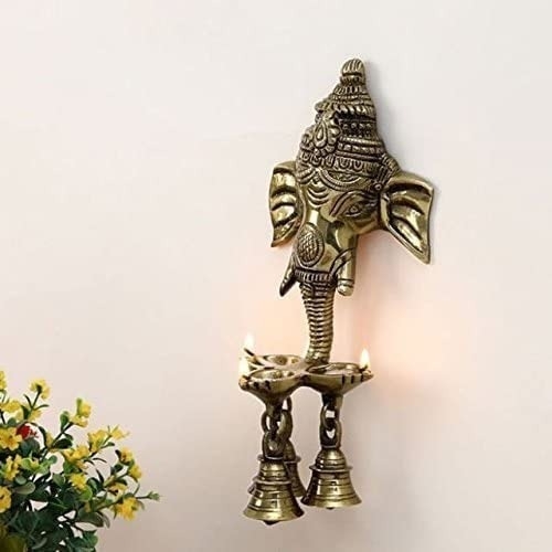 Aryadit Metal Ganesha Wall Hanging Diya with Bells for Home Decor,