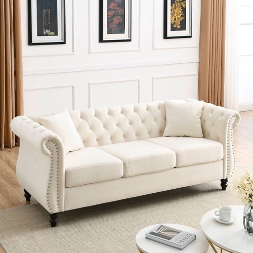 80" Chesterfield Sofa Beige Velvet for Living Room, 3 Seater Sofa