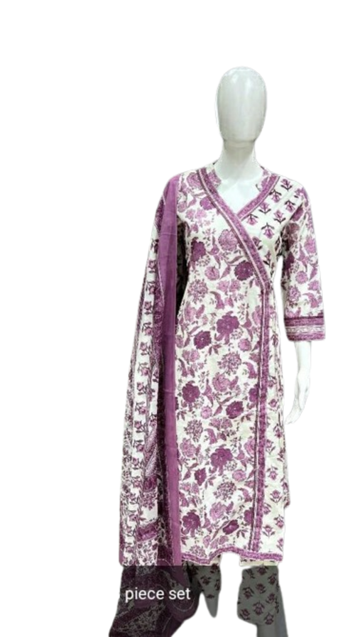 Women Pure Cotton Kurta Pant Dupatta Set Size M Color Purple & White