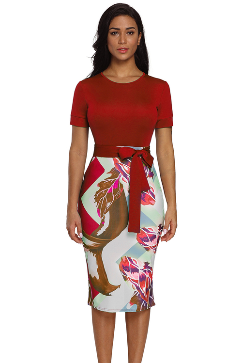 Red Bowknot Short Sleeve Printed Sheath Dress