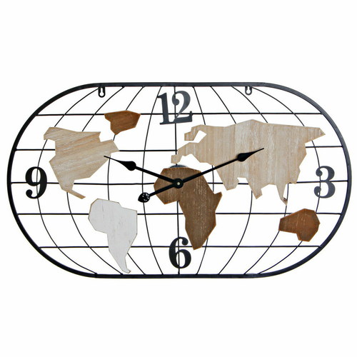 Wall Clock DKD Home Decor Brown Black Metal MDF Wood World Map (80 x 4