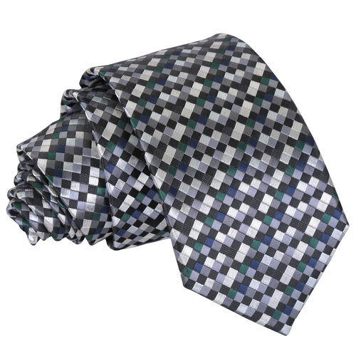 Chequered Geometric Slim Tie - Silver with Black, Green and Navy