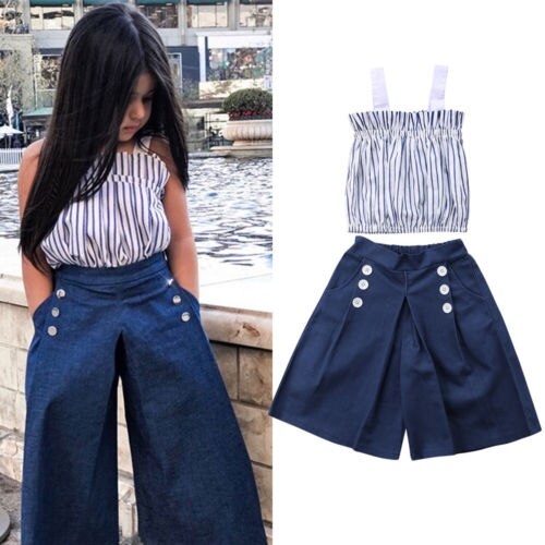 Casual Kids Baby Girl Vertical Striped Tops Denim
