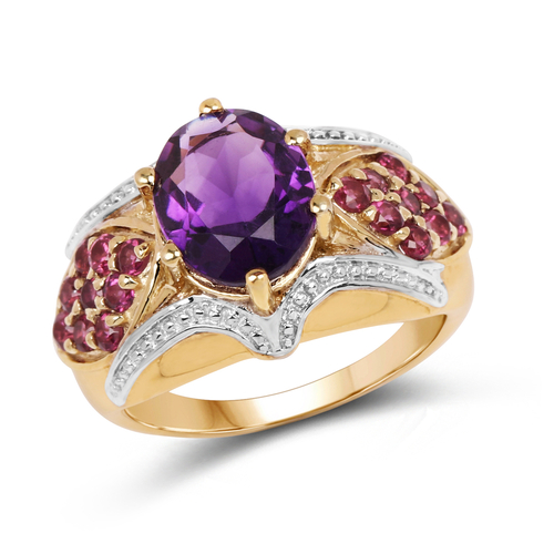 14K Yellow Gold Plated 3.01 Carat Genuine Amethyst & Rhodolite .925