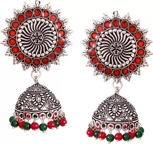 Women's Oxidised Silver plated Red beaded jhumka Jhumki Afghani