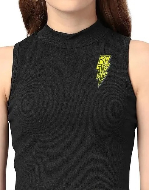 Women's & Girls' Solid Ribbed Slim Fit Crop Tank Top  Black