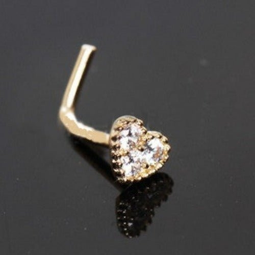 14Kt Yellow Gold Clear CZ Heart L Bend Nose Ring