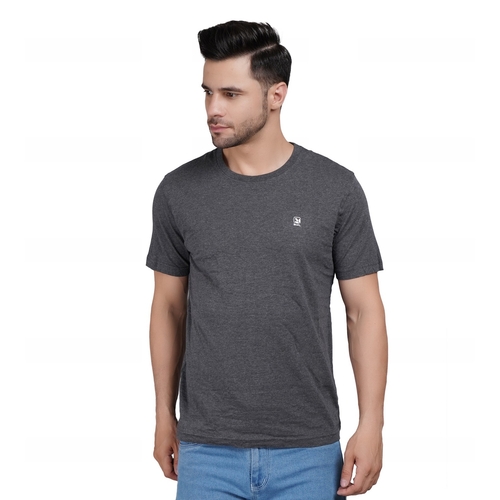 Men Printed Round Neck Cotton Dark Grey T-Shirt (Size L)