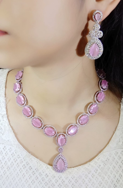 Artificial Diamond Necklace Set Pink Cz Stone Party Wear Jewellery