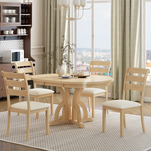 5-Piece Farmhouse Round Pedestal Extending Dining Table Set Extendable