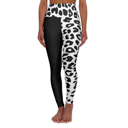 Womens High-waist Fitness Legging Yoga Pants - Black White Leopard Pat