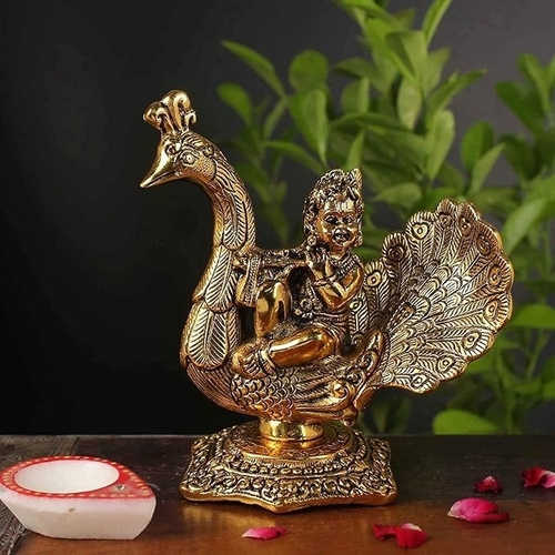 ARYADIT Gifts Golden Brass Metal Baby Krishna Sitting on Peacock |