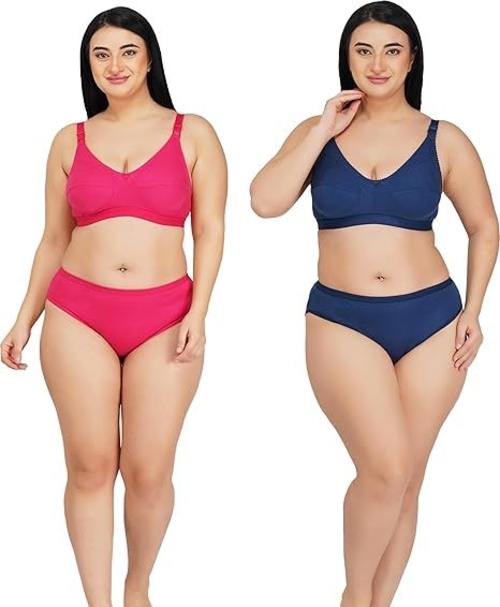 Women's Cotton Lingerie Non Padded Wire Free Bra Panty Set Pack of