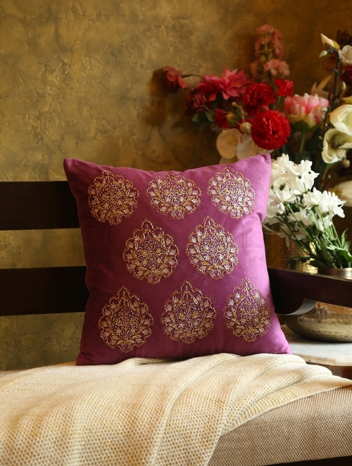 Violet Purple Velvet Embellished Cushion Cover (Size 26 x 16 Inch)