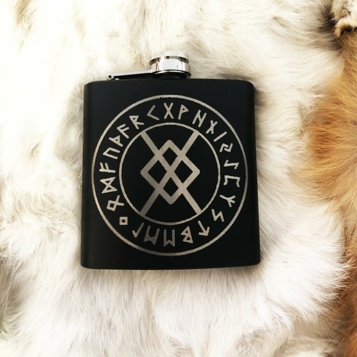 Black Flask 8oz Stainless Steel. Norse Nordic Flask Laser Engraved