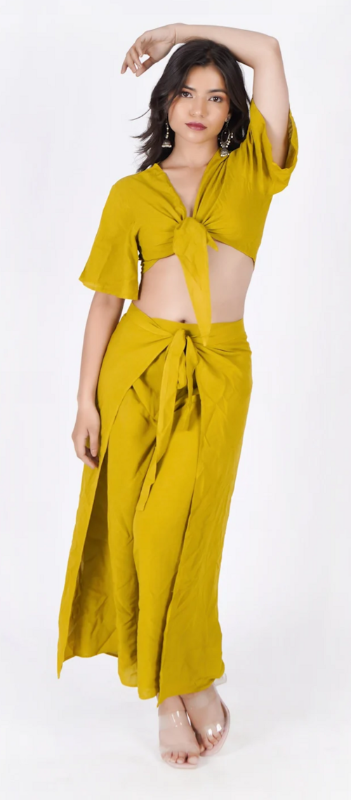 Women&#x27;s Summer Wrap Trouser &amp; Blouse Set Dress (Color Olive) (Size L)