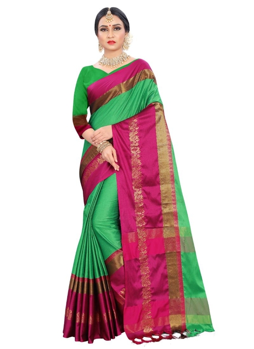 Generic Women's Cotton silk Saree (Green, 5-6