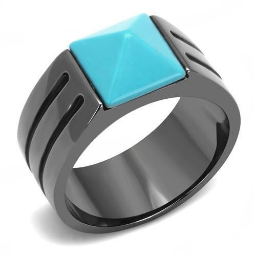 Men IP Light Black Stainless Steel Ring with Synthetic in Sea Blue - S