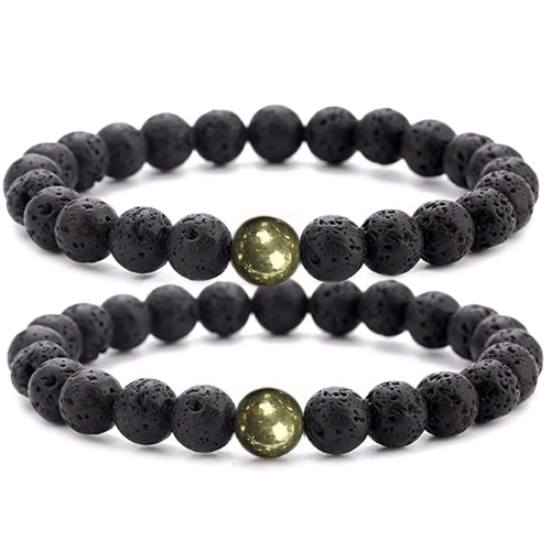 Black Lava Rock Beads Natural Stone Bracelets with Pyrite - Set of 2 -