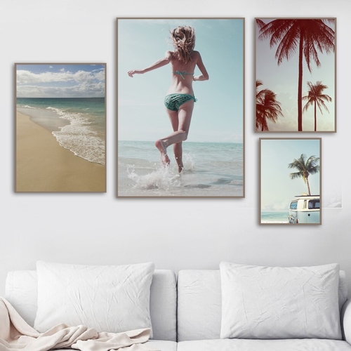 Girl Car Palm Tree Beach Seascape Wall