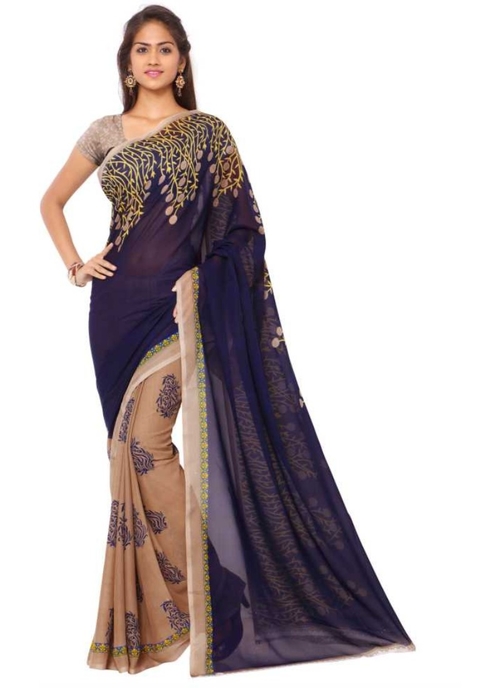 Printed Faux Georgette Blue Color Saree