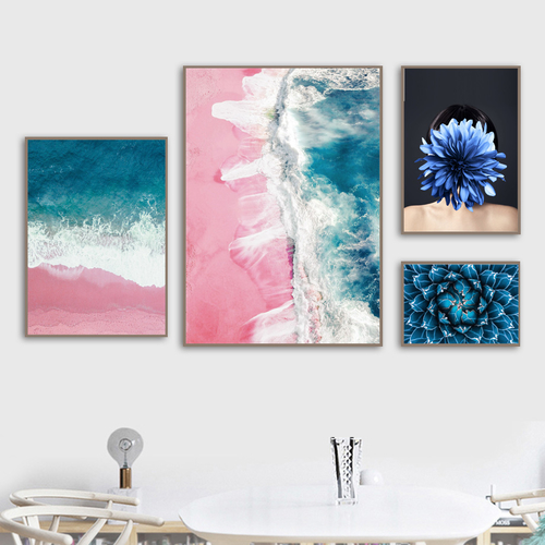 Blue Sea Pink Beach Girl Flower Wall Art