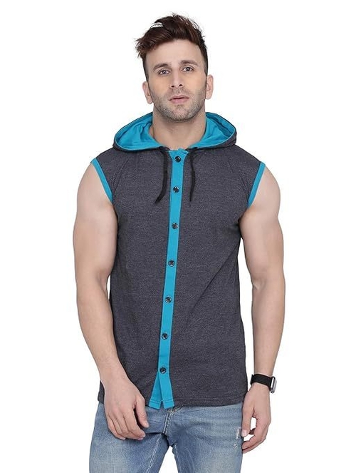 Men's Button Design Hooded Neck Tshirt (Size-M) (Color-GREY)