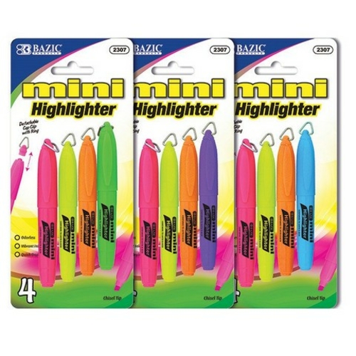 Bazic 2307  Mini Fluorescent Highlighter w/ Cap Clip (4/Pack) Pack of 