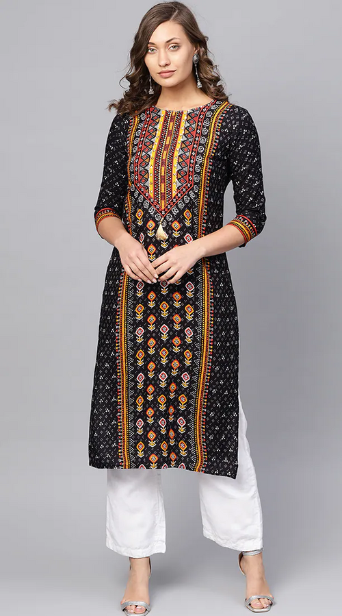 Women's straight kurta long Printed (Size-S) (Color-BLACK )