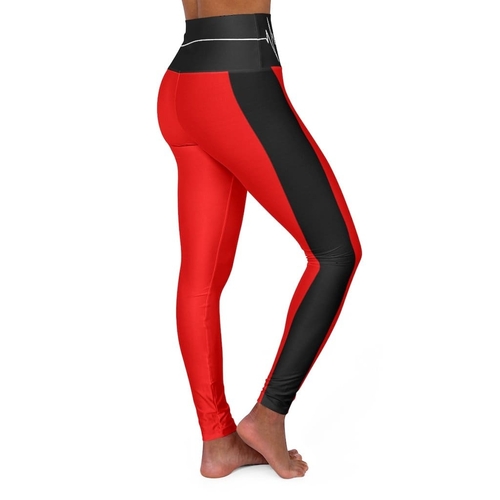 High Waisted Yoga Leggings - Red and Black White Bordered Beating