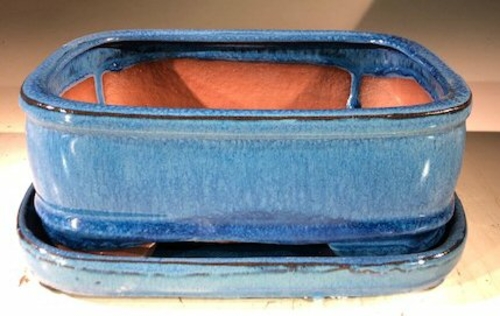 Blue Ceramic Bonsai Pot - RectangleWith Humidity Drip Tray7" x 5.5" x