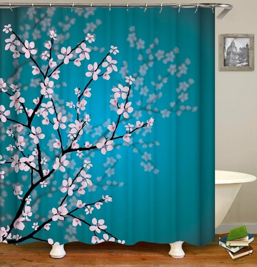 Cherry Blossom Over The Turquoise Shower Curtain