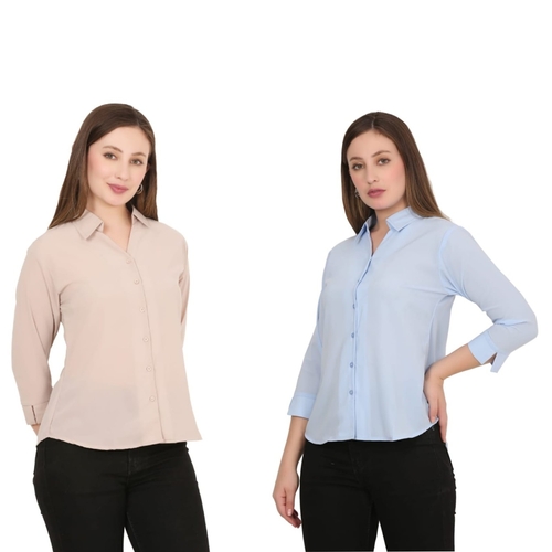 Womens Solid Formal Shirt PACK OF 2 BEIGE AND LIGHT BLUE  M