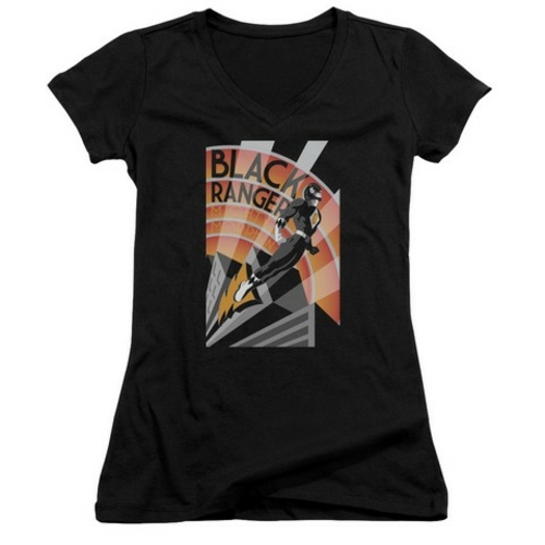 Trevco Power Rangers-Black Ranger Deco Junior V-Neck Tee, Black - 