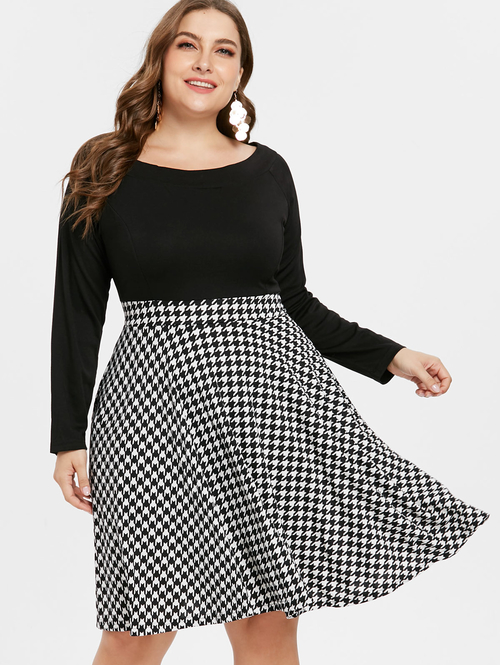  Houndstooth Pattern Plus Size Long Sleeve