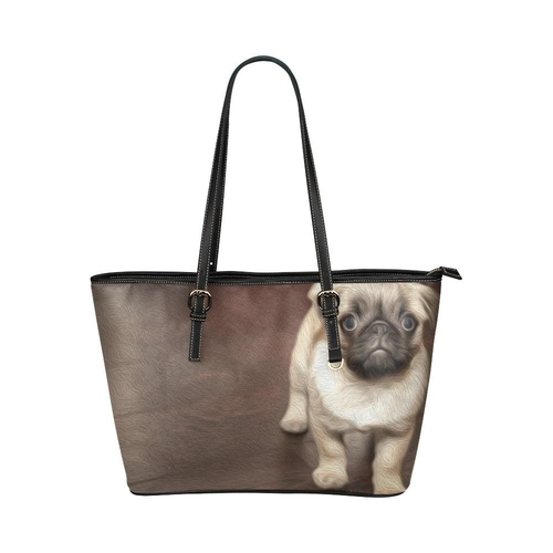Large Leather Tote Shoulder Bag - with Adorable Pug Oil Paint Design