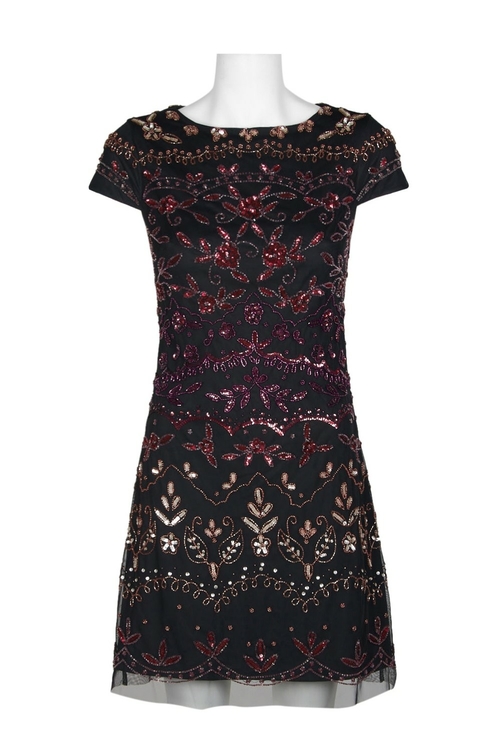 Adrianna Papell Boat Neck Cap Sleeve Sipper Back Embellished Mesh