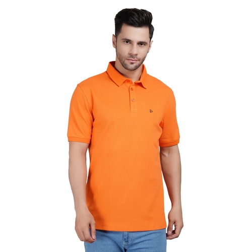 Men Solid Polo Neck Cotton Orange T-Shirt (Size L)