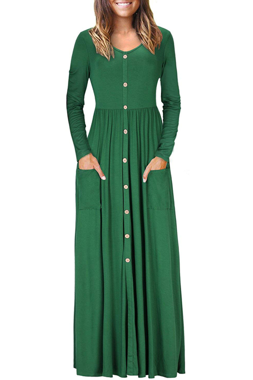 Hunter Green Button Front Pocket Style Casual Long Dress