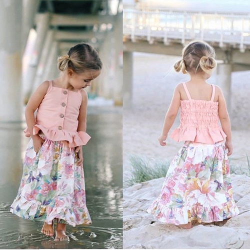 Boho Kid Baby Girl Sets Strap Ruffles Buttons Vest