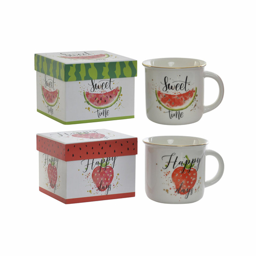 Mug DKD Home Decor Red Green Porcelain Fruit (360 ml) (2 pcs)