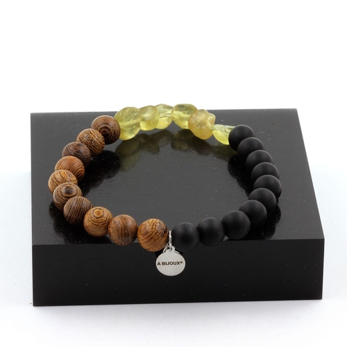 Yellow Apatite + Matte black Onyx + wood Bracelet 8 mm Beads.