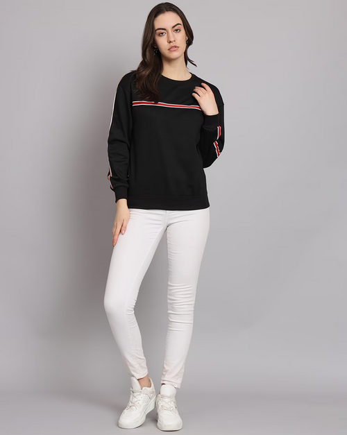 WOMEN BLACK SWEATSHIRT STRIPPED LINE DESIGN