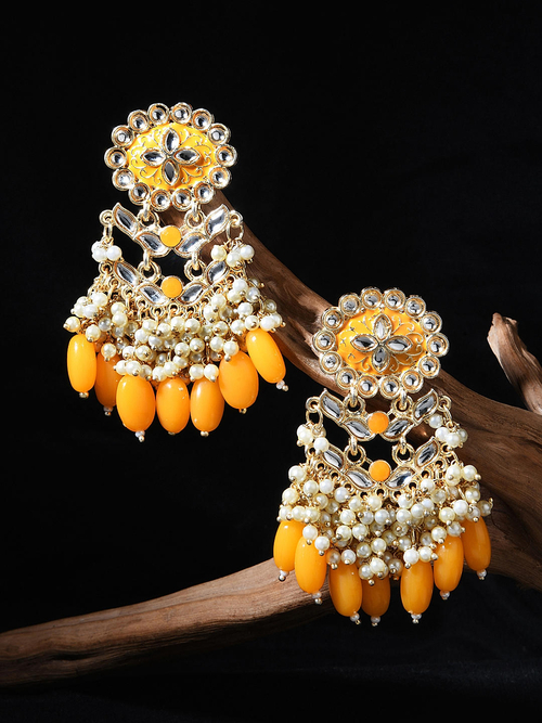 Gold Plated Yellow Kundan Studded Floral Drop Earrings for Women
