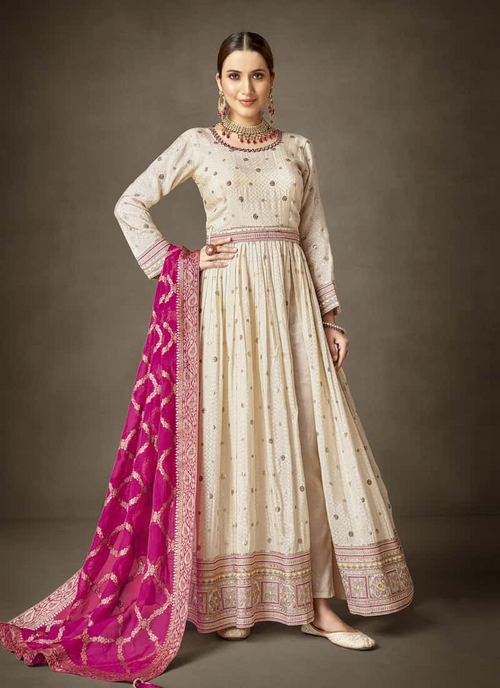 Asymmetrical Salwar Suit in Tissue Silk and Viscose Jacquard (Size-M)